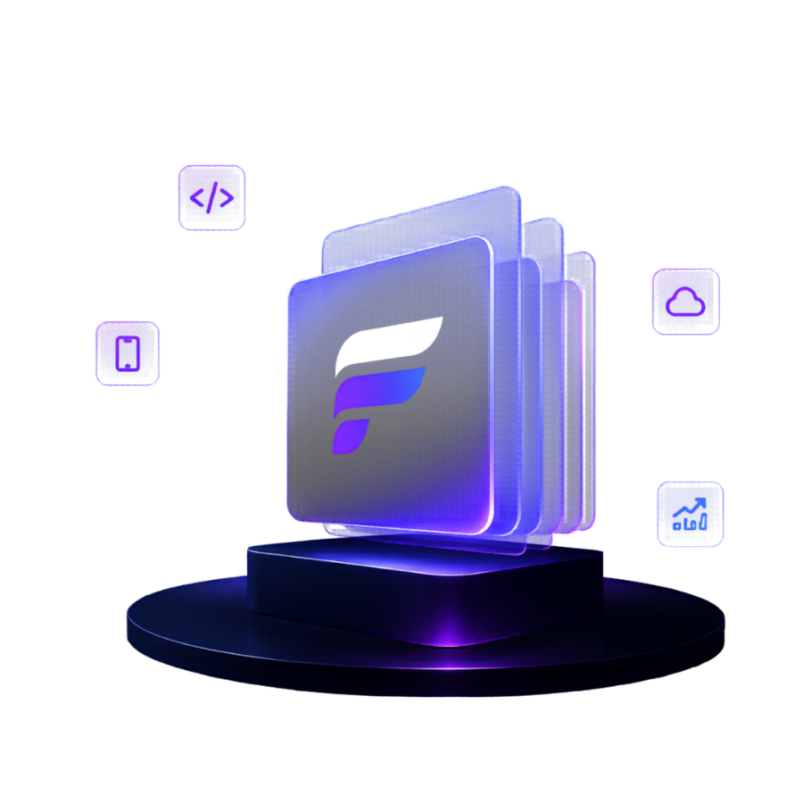 FutureStackDev — layered stack of code, mobile, cloud and analytics systems on a glowing platform
