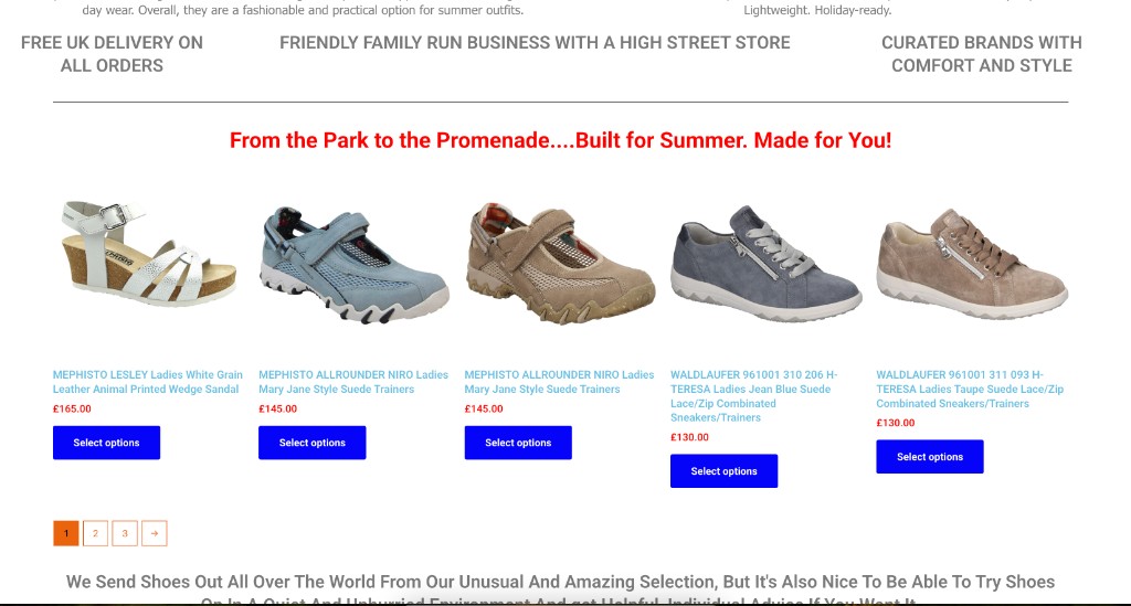 Natural Footwear live summer collection: WooCommerce product row with Select options buttons and a red campaign headline