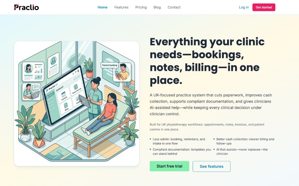 Praclio — practice management landing page for UK physiotherapists