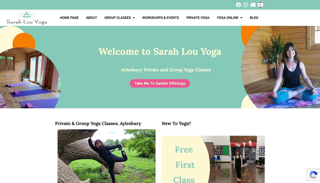 Sarah Lou Yoga homepage before the redesign, with a mint hero, circular photo cutouts, and a Take Me To Sarah's Offerings button
