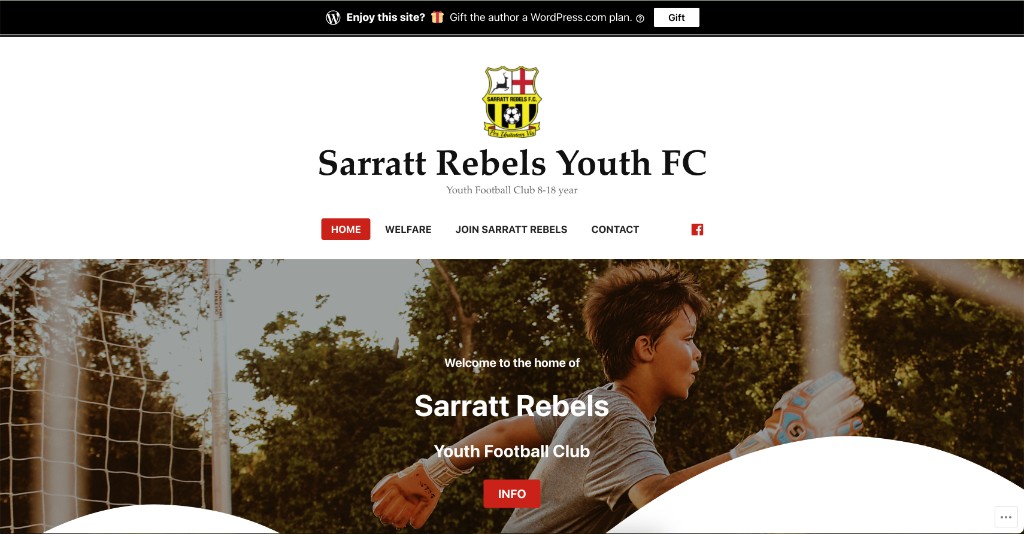 Sarratt Rebels Youth FC WordPress.com homepage with a red INFO button and a three-link menu