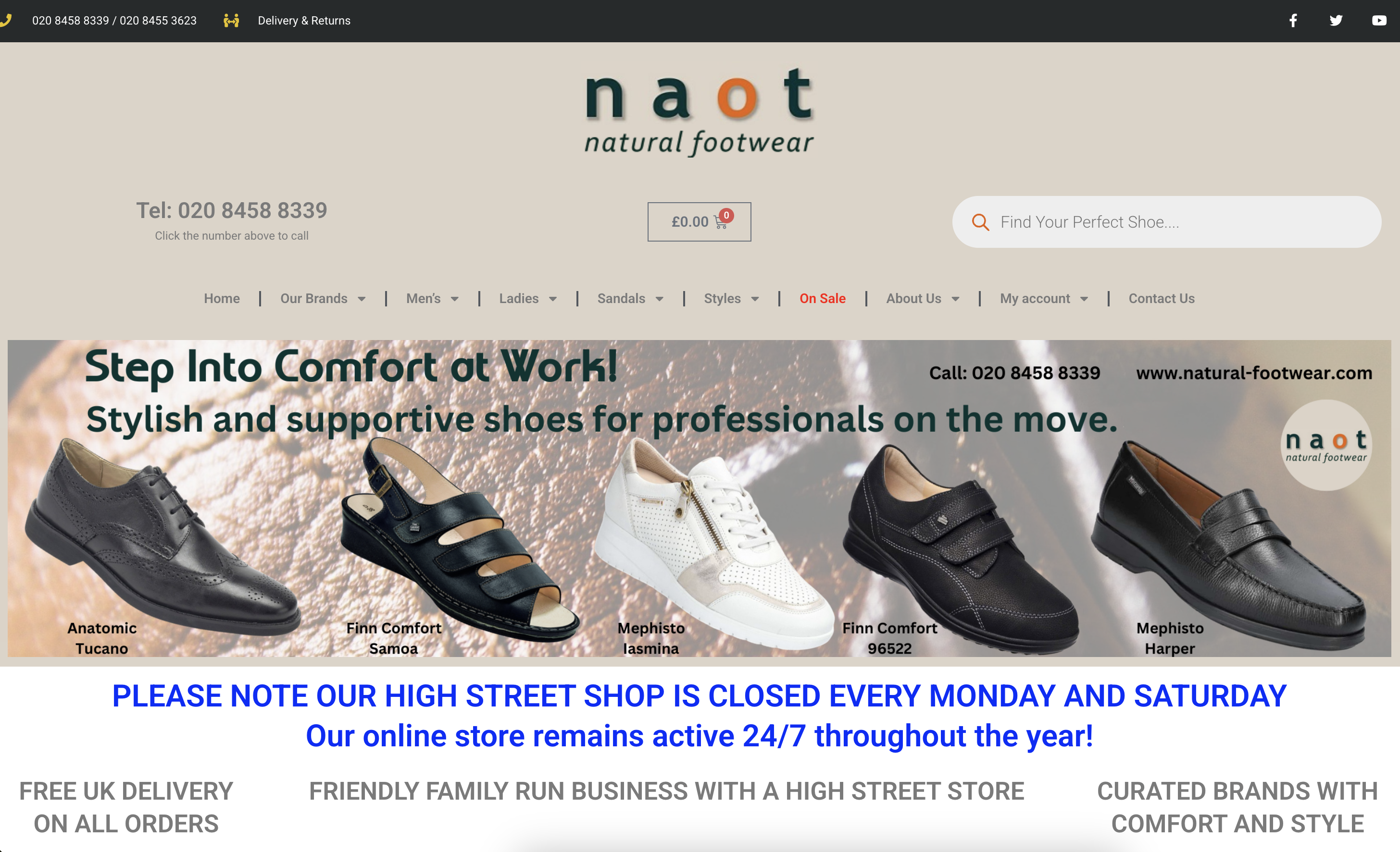 Natural Footwear desktop homepage: full-width layout with navigation, hero and product areas as captured for this audit.