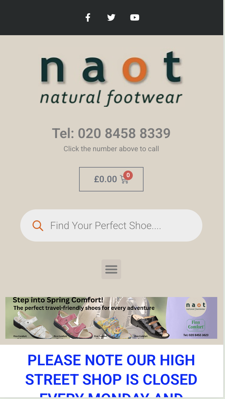 Natural Footwear mobile homepage: stacked header with social icons, Naot logo, phone number, cart, search bar, hamburger menu, spring comfort banner with sandals, and shop notice.